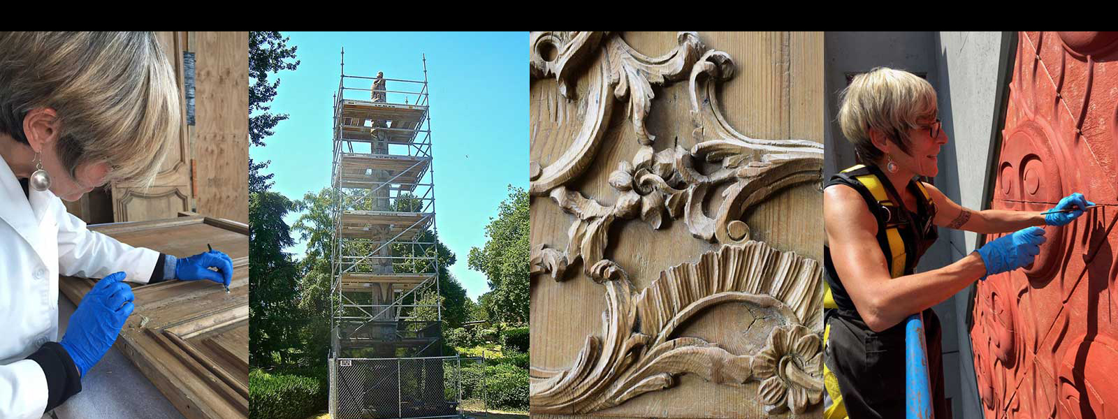 Four images in a row showing a female conservator at work and full and detail views of projects.